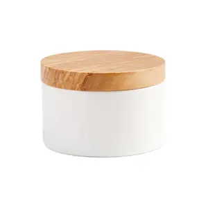 Minimalist White Kitchen Set Custom Logo Glazed Container Ceramic Salt Cellar with Bamboo Lid