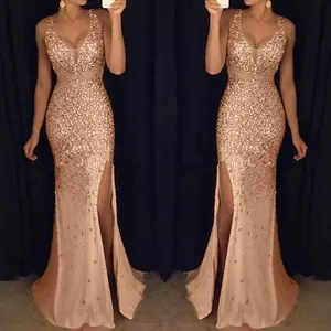 Womens Rose Gold Sequin Wedding Dresses Formal Long Sparkly Bridesmaid Bridal Evening Gowns Glitter Mermaid Clothes Prom Dress