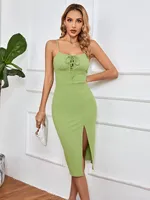 Robe moulante mi-longue pour femme, bretelles réglables, dos nu, coupe ajustée, disponible en vert et noir, vente en gros