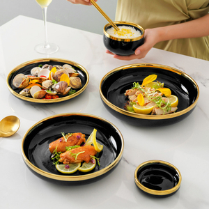 Piatti da portata all'ingrosso da 7,5/8/9/10/12 pollici in porcellana di lusso, neri brillanti <span class=keywords><strong>con</strong></span> bordo dorato, stoviglie in ceramica per uso domestico - Product Image 4