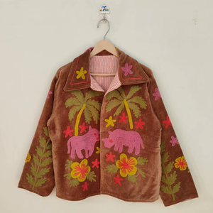 <b>Velvet</b> Suzani Embroidered Reversible Eco-Friendly Breathable Short Sleeve Winter Bomber <b>Jacket</b> - Product Image 1
