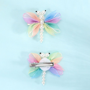 Pinzas para el cabello con diseño de libélula degradada y perlas, bonitas horquillas con animales para niñas pequeñas, accesorios diarios para el cabello de niños. - Product Image 3