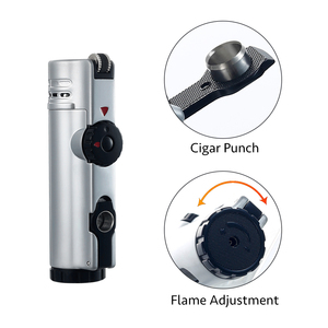 Briquet torche au butane à quatre jets avec logo personnalisé, coupe-cigare, outil moderne en métal, roue à silex rechargeable pour le camping, le barbecue - Product Image 5