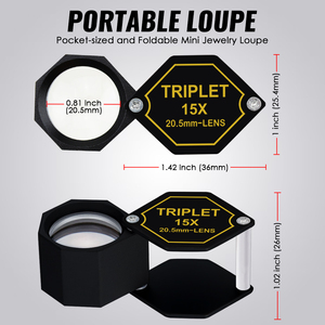 Loupe de bijoutier de haute qualité 15x avec lentille triple, loupe grossissante 20,5 mm, cadre noir, corps métallique, design hexagonal - Product Image 5
