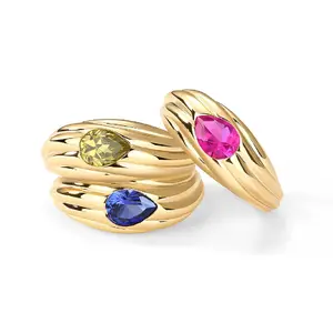 Permata merah muda dan biru sederhana tunggal emas asli perhiasan perhiasan wanita cincin pernyataan dengan desain batu permata mentah