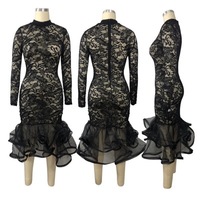 Robe en dentelle blanche et noire à ourlet volanté très extensible et élastique, sexy, transparente, élégante pour femme