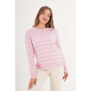 Pull en tricot à col rond rayé rose pour femme, manches longues, décontracté, anti-boulochage, 14 Gg - Product Image 4