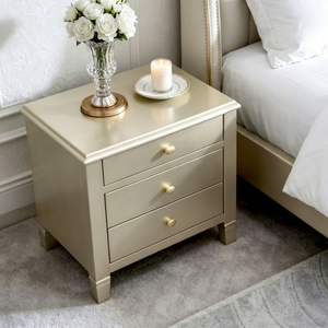 Elegant Champagne Solid Wood Nightstand,3 Drawer Brass Round Knob Block Leg Bedside Cabinet for Modern Glam Bedroom <b>Night</b> <b>Stand</b> - Product Image 1