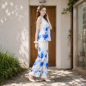 Conjunto <span class=keywords><strong>Blanco</strong></span> Floral para Mujer, Top Halter con Estampado Floral y Pantalones Anchos, Conjunto de Dos Piezas para Verano - Product Image 3
