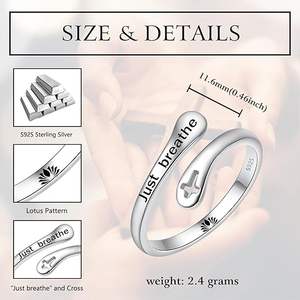 MOQ 500 Anello <span class=keywords><strong>Nuziale</strong></span> Regolabile in Argento Sterling 925 Placcato Rodio Classico con Scritta 'Just Breathe Faith Hope Love' Ispirazionale e Sentita - Product Image 5