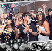 Accessoires de fête du Nouvel An Noir et Argent : Chapeau haut-de-forme, Bandeau, Guirlande, Sifflet, Klaxon, Lunettes, Accessoires photo et Articles de fête