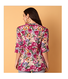 Blusa Asimétrica con Estampado Floral, Manga 3/4, Ligera, Cómoda, Fluida, para Todas las Temporadas, Informal, para Picnic o Fiesta, 100% Algodón - Product Image 1