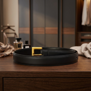 Black Cow Hide Casual Belt With Gold Alloy Rectangular Buckle Solid Design - Product Image 2
