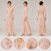 Robe longue en mousseline de soie rose à fleurs pour femme, manches longues, col en V froncé, tenue de plage romantique, fournisseur en gros OEM ODM