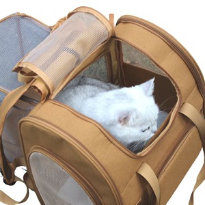 Large Capacity Expandable Pet <b>Backpack</b> Brown And Gray 7 Inch For <b>Cats</b> Outings Foldable With Mesh Ventilation - Product Image 3