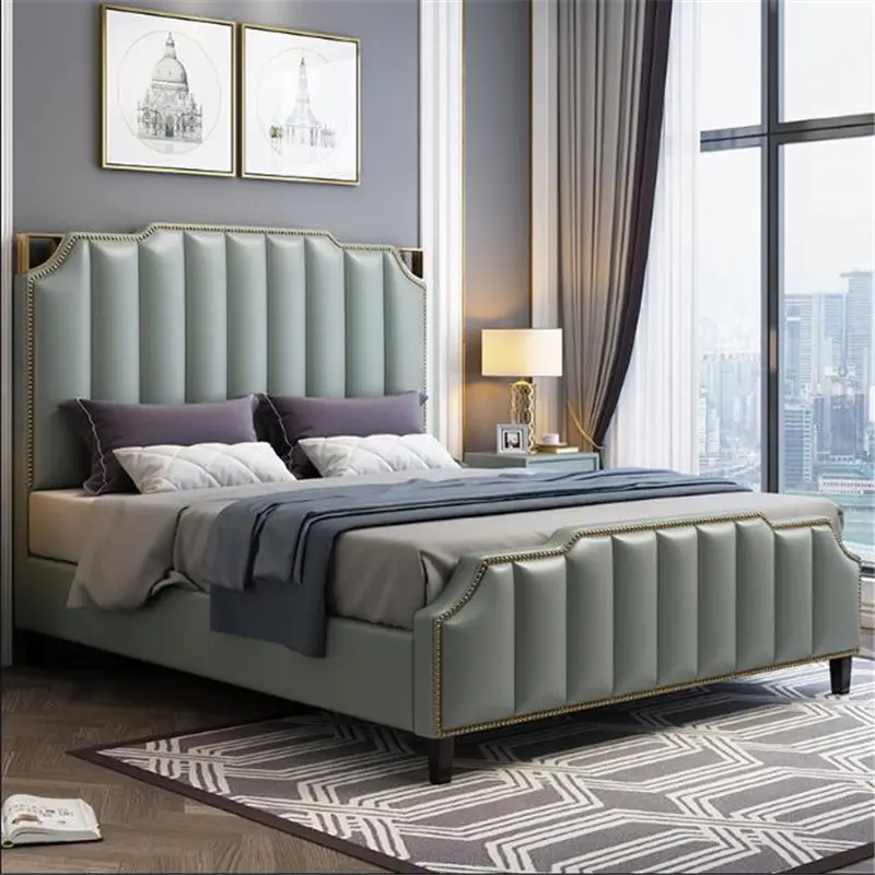 Beds light luxury king size bed leather bed frame leather modern bedroom furniture set wholesale popular night stand