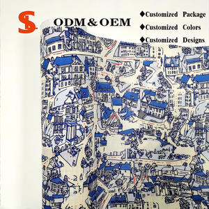 Tissu en lin 100% imprimé avec un motif de maisons bleues personnalisé, en vente, au mètre, pour les vêtements des filles, des garçons et des enfants - Product Image 1