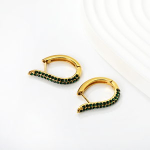 18K Gold Plated Stainless Steel U-Shaped <b>Green</b> CZ Huggie <b>Earrings</b> Women Minimalist Geometric Arc Design Hypoallergenic - Product Image 4