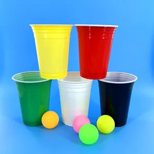 Custom Logo Vasos De Plastico Double Color Pink Game Disposable Plastic Red Cups With Table Tennis Ping Pong Ball Party Cups