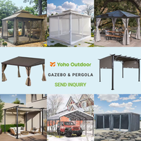 Gazebo à toit rigide, structure en aluminium, pavillon permanent, toit double en polycarbonate, auvent extérieur, rideaux et filet conçus pour les jardins