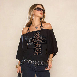 Off Shoulder Leopard Print <b>Batwing</b> Sleeve Knit T-Shirt Women Beaded Halter Neck Casual Street Fashion <b>Top</b> - Product Image 6