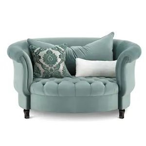 French furniture sofa chair single with velvet fabric round velvet sofa with solid wood legs