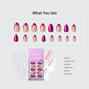 BTArtbox Uñas Postizas de Gel Suave Cortas Almendradas con Pegamento, Venta al por Mayor, Hechas a Mano, Rojo Rosa Cromado, Punta Francesa, Uñas a Presión a Granel - Product Image 4