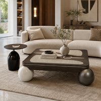 Table basse contemporaine à plateau en marbre arrondi, structure en bois robuste, design moderne et luxueux, mobilier de salon écologique, spacieuse