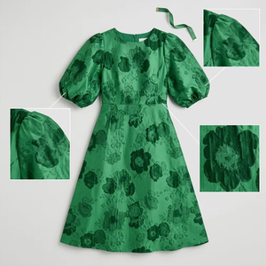 Fabricant de robes, vêtements sur mesure, OEM, robe midi en jacquard floral vert émeraude pour femmes, robe de soirée élégante à manches bouffantes, coupe A - Product Image 3