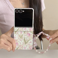 Coque de téléphone imprimée florale tulipe à motif quadrillé pastoral pour Galaxy Z Flip 7 6 5 avec sangle à perles de cristal et protection intégrale