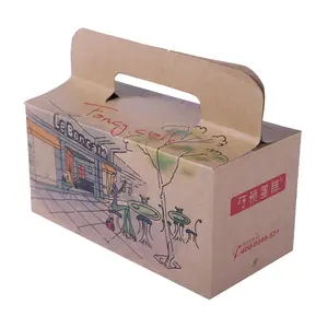 Caja de pollo frito personalizada de papel Kraft con asa Caja de embalaje de comida rápida de cartón para llevar Kfc