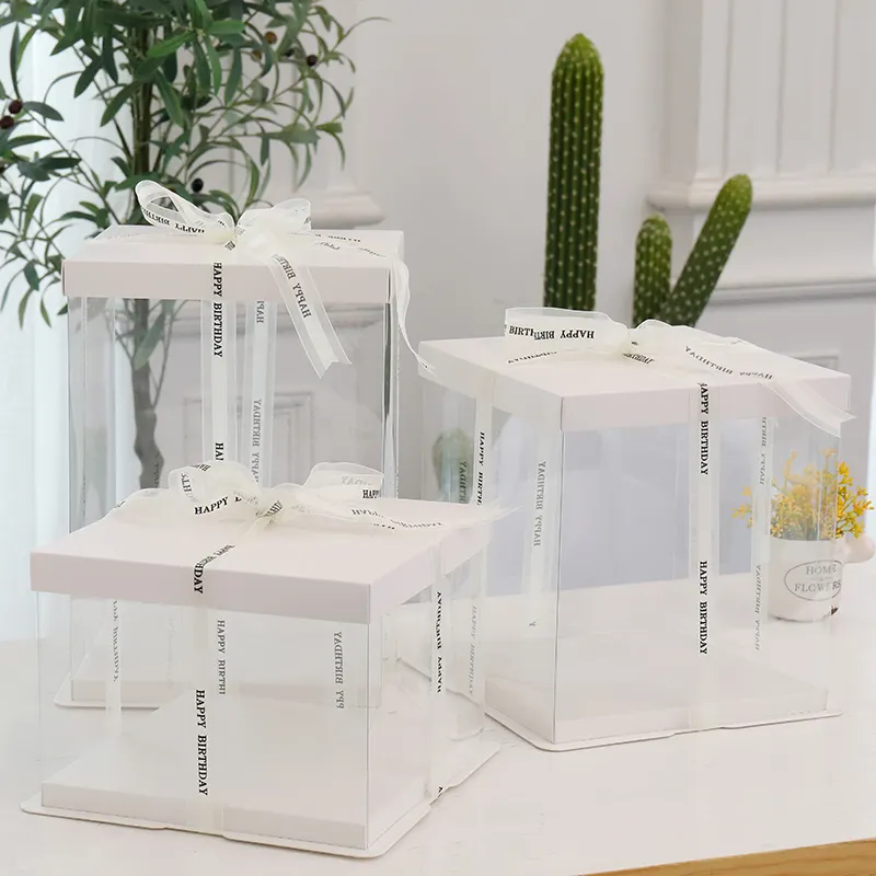 Kotak Kue Persegi Bening Putih Mewah Kustom Kotak Hadiah Pesta Ulang Tahun Pernikahan PVC Hewan Peliharaan