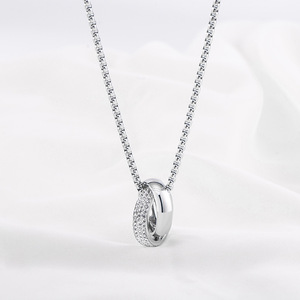 Stainless Steel Double <b>Ring</b> Pendant With Pave Setting Geometric Design Unisex Fashion <b>Necklace</b> - Product Image 1