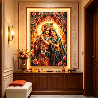Art Mural Porcelaine Cristal Incrusté Diamants Radha Krishna Peinture Hindou Fleurs Paon Décoration Murale Religieuse