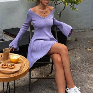 Abito <span class=keywords><strong>da</strong></span> <span class=keywords><strong>donna</strong></span> elegante a coste in maglia a-line Mini maglione con scollo a V stile Casual all'ingrosso per abbigliamento <span class=keywords><strong>da</strong></span> <span class=keywords><strong>sera</strong></span> di lusso autunnale - Product Image 5