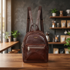 Genuine <b>Leather</b> <b>Backpack</b> Classic Style Zip Closure Unisex Daily Use Brown Lichee Pattern Shoulder Straps - Product Image 4