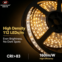 Bande lumineuse LED 2835 24V 112 LED/m CRI>83 160lm/W Haute luminosité Bande LED flexible pour la décoration de projets intérieurs