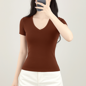 T-shirts à col en V personnalisés OEM pour femmes, vêtements de sport ajustés à manches courtes, en coton, modal, élasthanne, t-shirts de gymnastique respirants, fournisseur en gros - Product Image 1