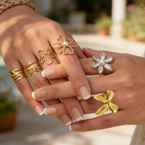 Anillos de Moda Chapados en Oro con Diseño de Lazo de Flor Ajustables para Mujer, Joyería de Regalo - Product Image 1