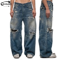 Jean Streetwear Personnalisé avec Logo, Coupe Droite Ample, Jambe Large, Effet Délavé Vintage, Bords Frangés, Denim Délavé et Déchiré