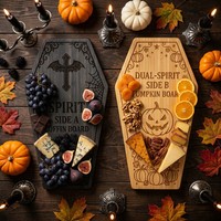 Plateau de charcuterie et plateau à fromage en bambou, réversible, double face, motif cercueil d'Halloween, esprits et citrouilles, plateau de service effrayant