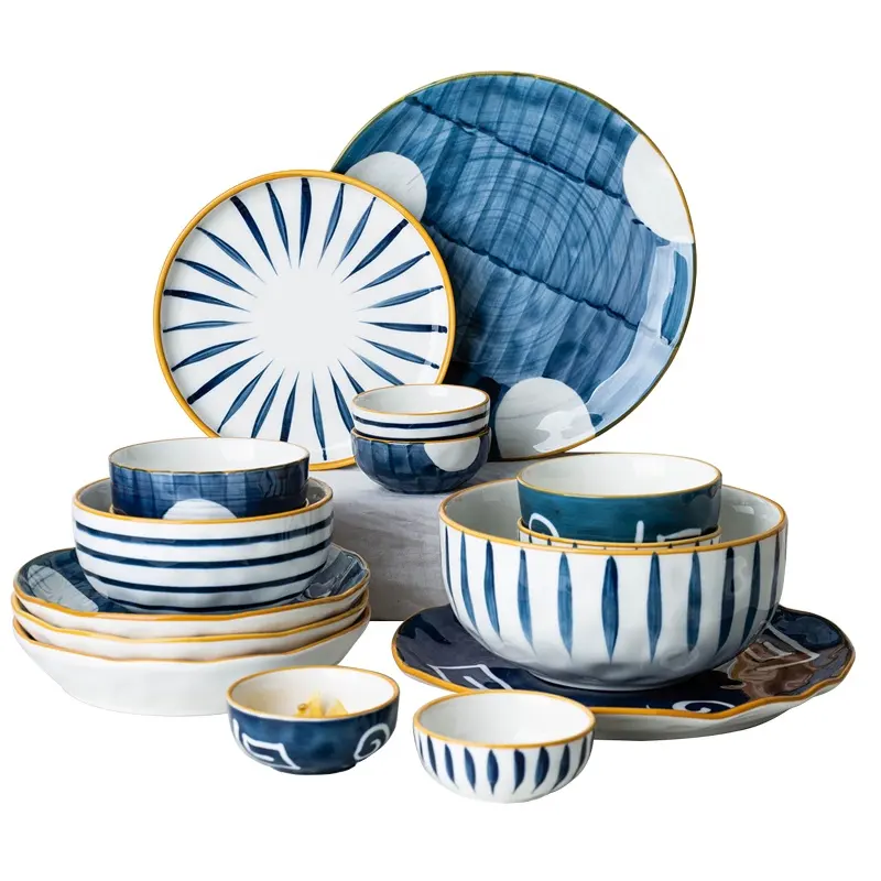 HandPainted Colorful 16 Piece Place Setting Porcelain Ceramic Cereal Bowls and Soup Plates