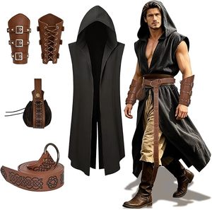 Conjunto de 4 Piezas de Capa sin Mangas con Capucha Estilo Vikingo Medieval Renacentista, Accesorios de Disfraz para Halloween, Ropa para Larp - Product Image 1