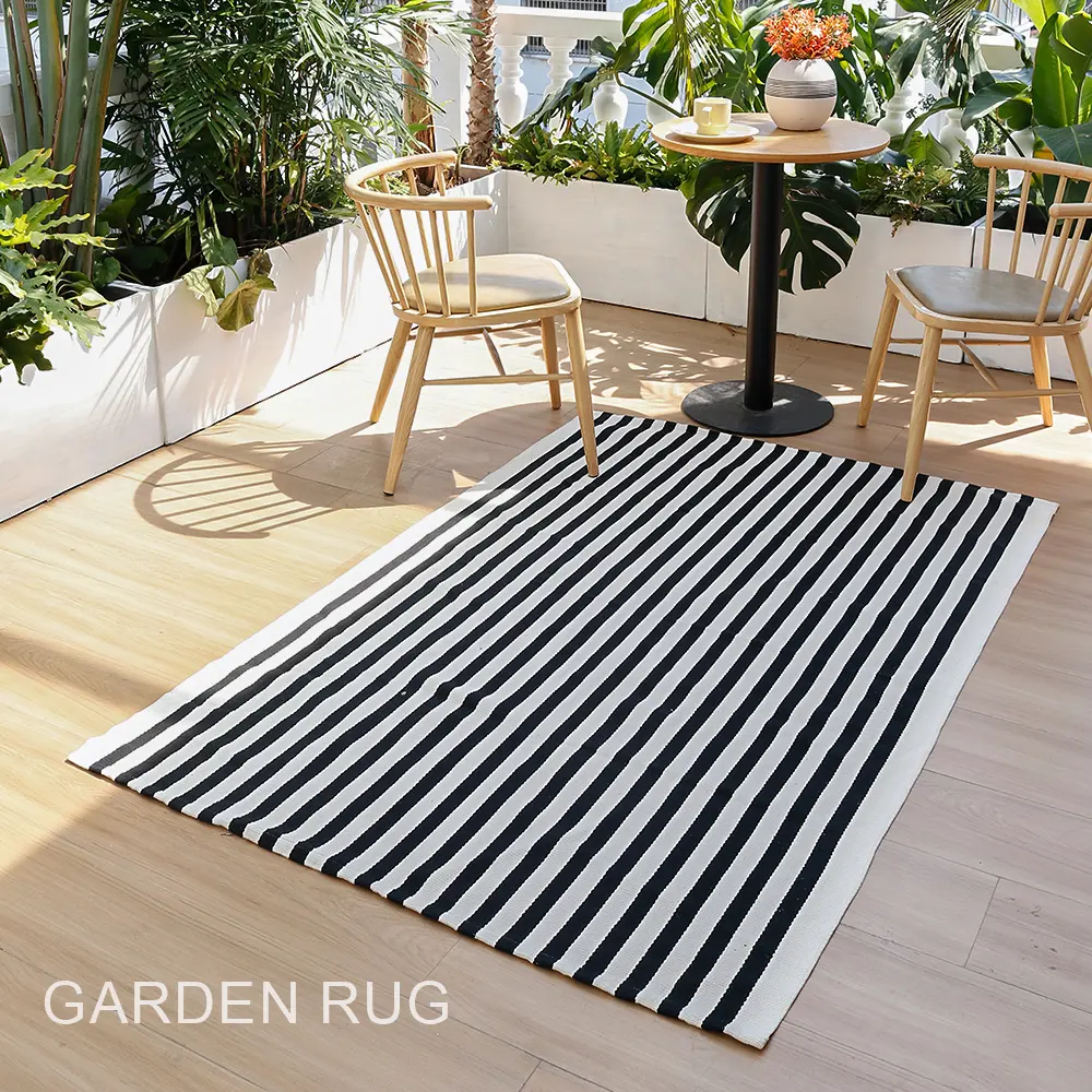 Loor-felpudo reversible de algodón para sala de estar, alfombra lavable con diseño de rayas blancas y negras para dormitorio y patio