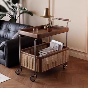 Solid Wood Movable Side Table With Wheels Stainless Steel Storage Vintage Trolley Living Room Storage Rattan <b>Shelf</b> Simple - Product Image 4