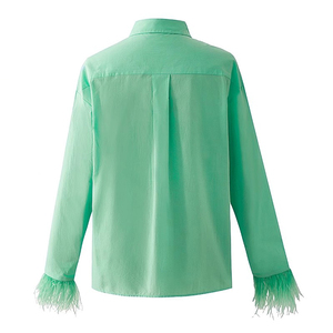 Camicetta Casual in cotone a manica lunga da donna Weshallo personalizzata top corti alla moda <span class=keywords><strong>con</strong></span> pelliccia di <span class=keywords><strong>piume</strong></span> di struzzo per il Logo della parte anteriore primaverile - Product Image 2