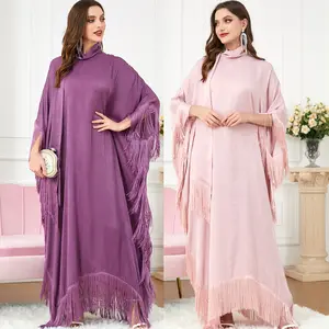 Wholesale Ramadan Tassel Free Size Shinny Polyester Kaftan Islamic Clothing Women Dubai Kaftan Dress Abaya