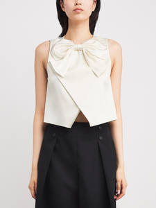 Chaqueta Corta Elegante para Mujer, Estilo Heredera, Holgada, Transpirable, con Lazo, Sin Mangas, Cuello Redondo, Satén, Color Sólido, Asimétrica - Product Image 2