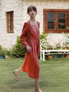 Vestido Maxi de Algodón y Lino para Mujer, Corte Regular, Manga Media, Cuello en V, Silueta en A, Ecológico, Transpirable, con Cinturón, Liso, Asimétrico - Product Image 3