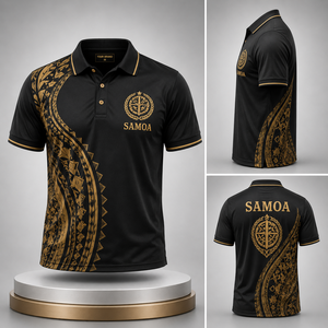 Camiseta polo con diseño tribal samoano dorado, tejido transpirable, antiarrugas, de secado rápido y con logotipo personalizado. - Product Image 2